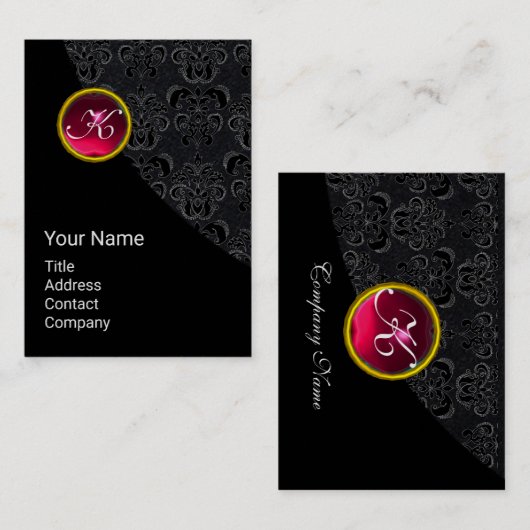 ELEGANT BLACK DAMASK PINK RUBY GEMSTONE MONOGRAMM VISITENKARTE (Vorne/Hinten)