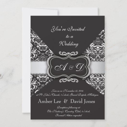 Elegant Black Damask und Silberhochzeit Einladung (Vorderseite)