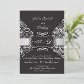 Elegant Black Damask und Silberhochzeit Einladung (Stehend Vorderseite)