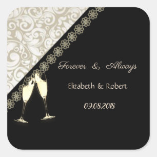Elegant Black, Damask Wedding Quadratischer Aufkleber