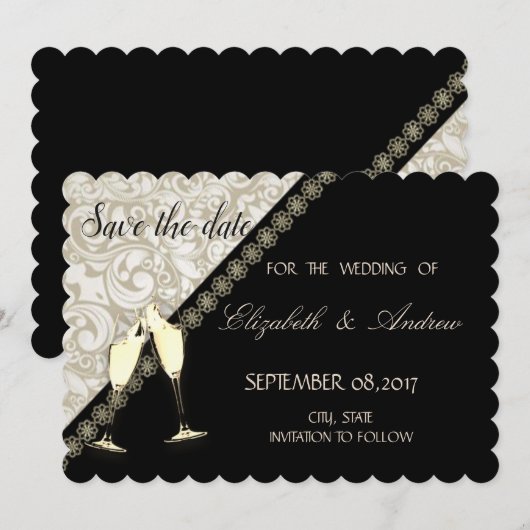 Elegant Black, Damask Wedding Save the Date (Vorne/Hinten)
