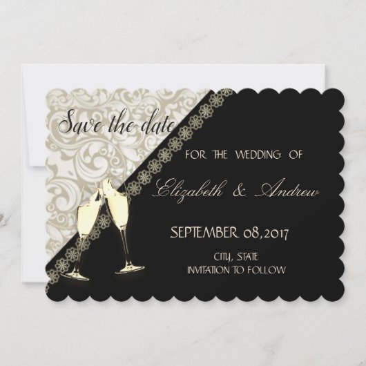 Elegant Black, Damask Wedding Save the Date (Vorderseite)