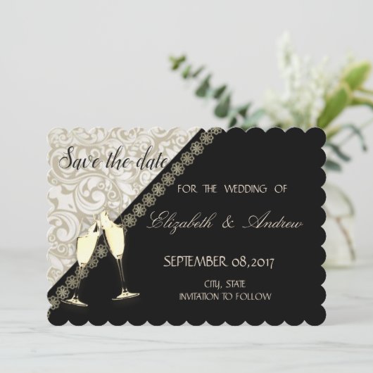 Elegant Black, Damask Wedding Save the Date (Stehend Vorderseite)