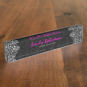 Elegant Black Damasks Silver Metallic Vintage Spit Namensplakette (Seite)