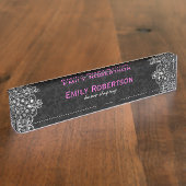 Elegant Black Damasks Silver Metallic Vintage Spit Namensplakette (Seite)