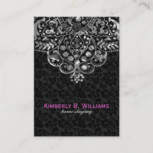 Elegant Black Damasks Silver Metallic Vintage Spit Visitenkarte (Vorderseite)