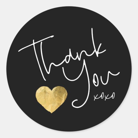 Elegant Black Danke Gold Heart Hand geschrieben Runder Aufkleber (Vorderseite)