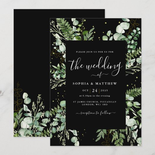Elegant Black & Eucalyptus Wedding Einladung (Vorne/Hinten)