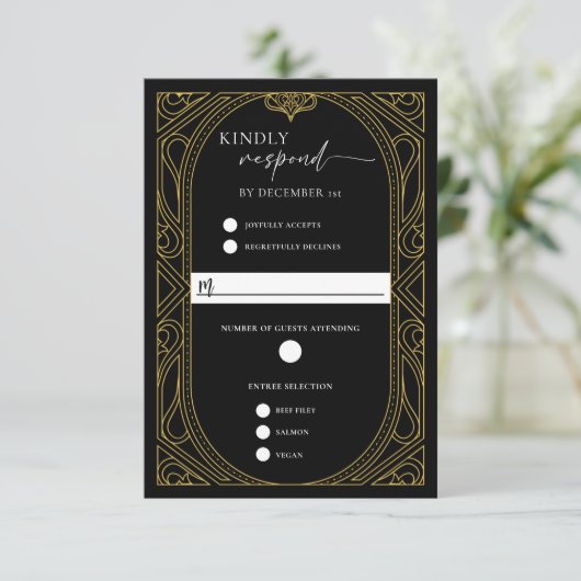 Elegant Black Faux Gold Art Deco Response Card RSVP Karte (Stehend Vorderseite)