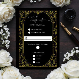 Elegant Black Faux Gold Art Deco Response Card RSVP Karte