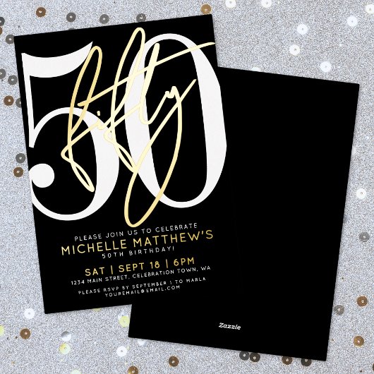 Elegant Black Fifty 50th Birthday Gold Folieneinladung