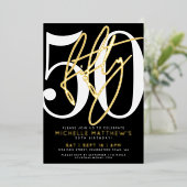 Elegant Black Fifty 50th Birthday Gold Folieneinladung (Stehend vorne)