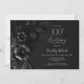 Elegant Black Floral 100th Birthday Party Einladung (Vorderseite)