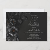 Elegant Black Floral 40th Birthday Party Einladung (Vorderseite)