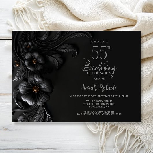 Elegant Black Floral 55th Birthday Party Einladung
