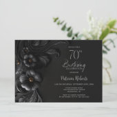 Elegant Black Floral 70th Birthday Party Einladung (Stehend Vorderseite)