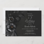 Elegant Black Floral 75th Birthday Party Einladung (Vorderseite)