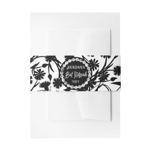 Elegant Black Floral Bat Mitzvah Einladungsbanderole (Vorderseite Beispiel)