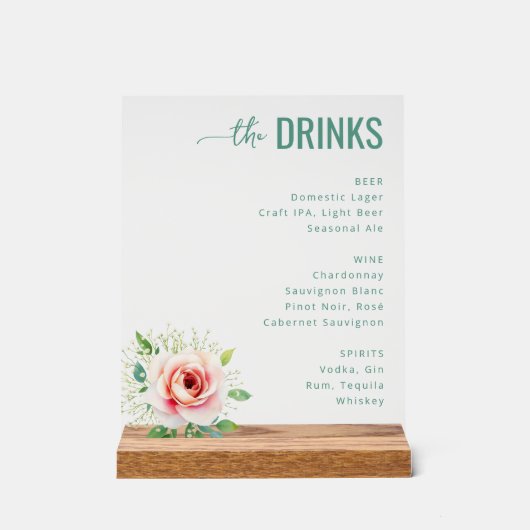Elegant Black Floral Beverage Menu Acrylschild (Vorderseite)
