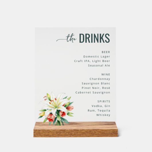 Elegant Black Floral Beverage Menu Acrylschild (Vorderseite)