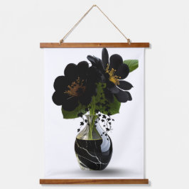 Elegant Black Floral Bouquet in Marble Vase. Wandteppich Mit Holzrahmen