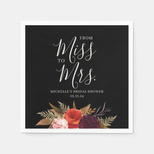 Elegant Black Floral Bridal Shower Serviette (Vorderseite)