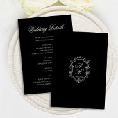 Elegant Black Floral Crest Monogram Script Wedding Begleitkarte