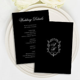Elegant Black Floral Crest Monogram Script Wedding Begleitkarte