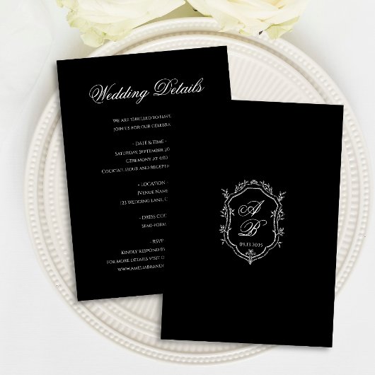 Elegant Black Floral Crest Monogram Script Wedding Begleitkarte