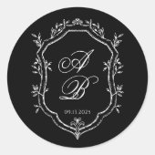 Elegant Black Floral Crest Monogram Script Wedding Runder Aufkleber (Vorderseite)