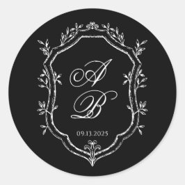 Elegant Black Floral Crest Monogram Script Wedding Runder Aufkleber