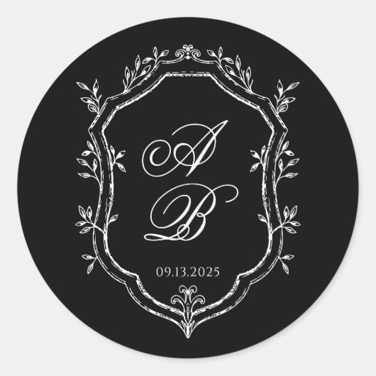 Elegant Black Floral Crest Monogram Script Wedding Runder Aufkleber (Vorderseite)
