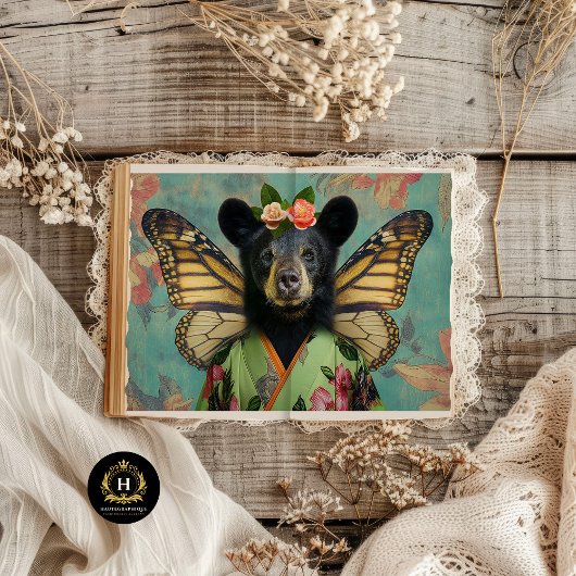 Elegant Black Floral Fantasy Bear Decoupage Seidenpapier