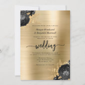 Elegant Black Floral Gold Brushed Metal Wedding Einladung (Vorderseite)