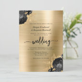 Elegant Black Floral Gold Brushed Metal Wedding Einladung (Stehend Vorderseite)
