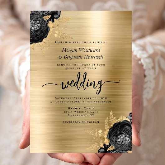 Elegant Black Floral Gold Brushed Metal Wedding Einladung