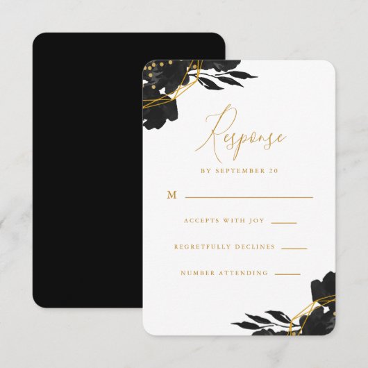 Elegant Black Floral Gold Wedding Rsvp Karte (Vorne/Hinten)