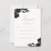 Elegant Black Floral Gold Wedding Rsvp Karte (Vorderseite)
