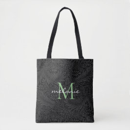 Elegant Black Floral Green Script Monogram Tasche