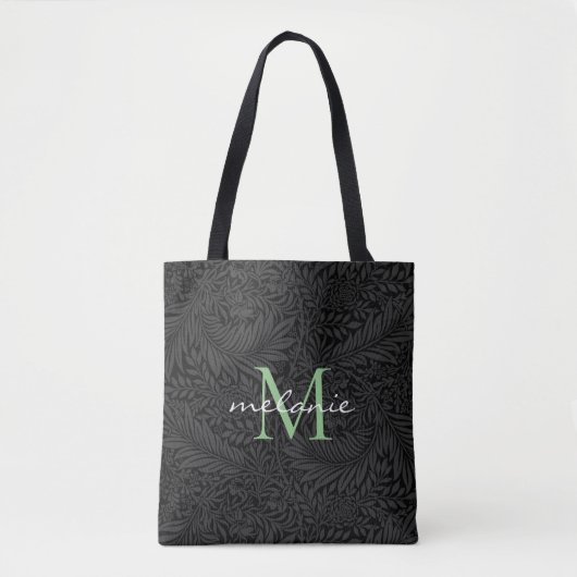 Elegant Black Floral Green Script Monogram Tasche (Vorderseite)