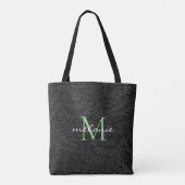 Elegant Black Floral Green Script Monogram Tasche (Rückseite)
