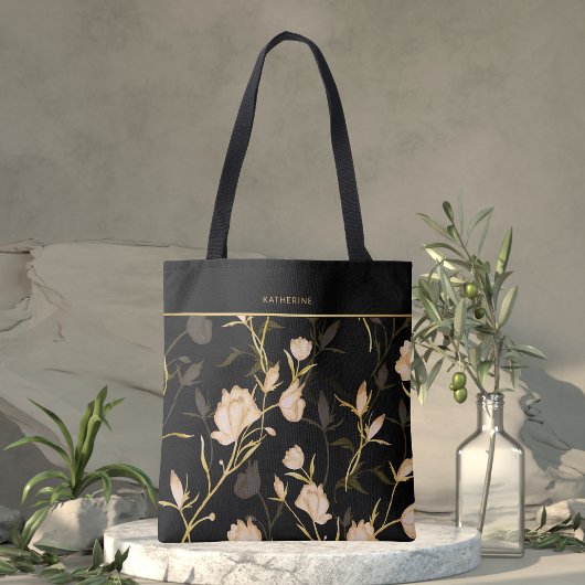 Elegant Black Floral Pattern Stylish Girly Trendy Tasche