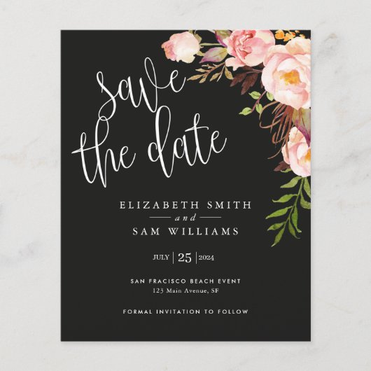 Elegant Black Floral Save the Date Budget Flyer (Vorne)
