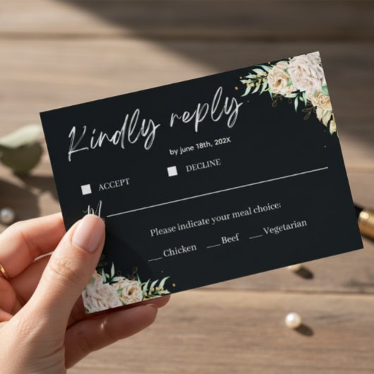 Elegant Black Floral Wedding RSVP Card Template Karte