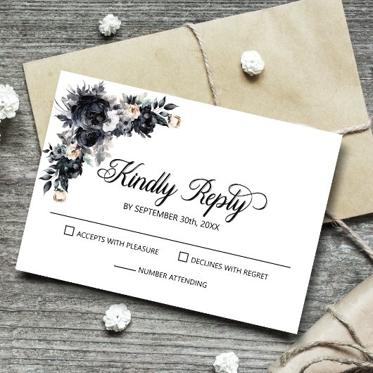Elegant Black Floral Wedding RSVP Karte
