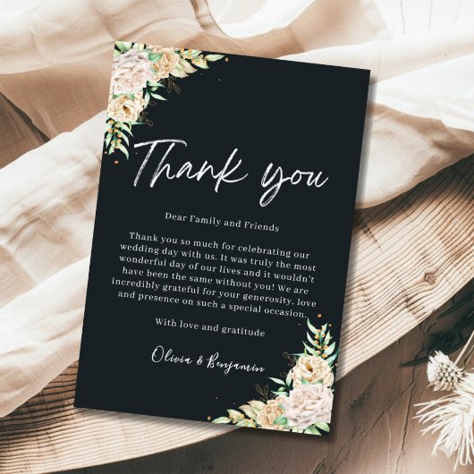 Elegant Black Floral Wedding Thank You Card Dankeskarte