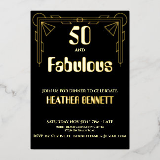 Elegant Black Foil Art Deco 50 Fabulous Birthday Folieneinladung