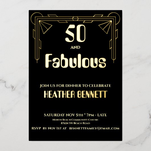 Elegant Black Foil Art Deco 50 Fabulous Birthday Folieneinladung (Vorderseite)