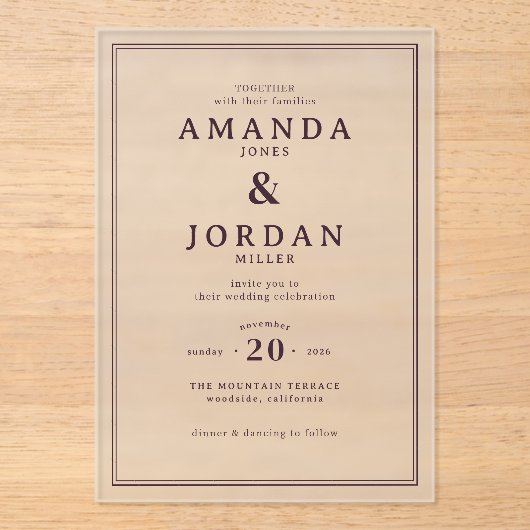 Elegant Black Formal Wedding Invitation Acryleinladungen (Vorderseite)