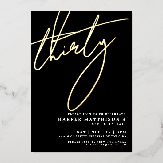 Elegant Black Forty 30th Birthday Gold Folieneinladung (Vorderseite)